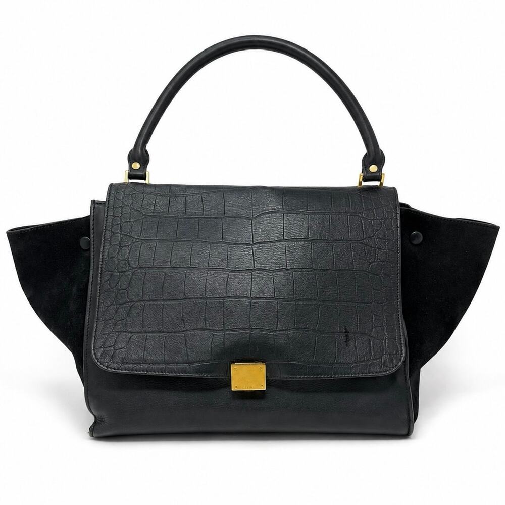 Celine Phoebe Philo Medium Trapeze Black Croc Embossed Leather Suede Bag